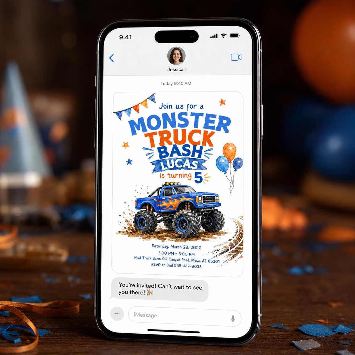 Blue Monster Truck 5th Birthday Invitation for Boys — 5th birthday party stationery by VoltBy