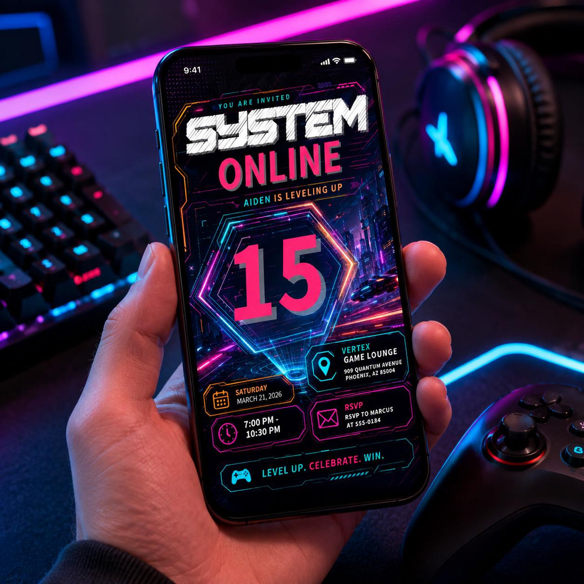 Blue Neon System Online Gaming Birthday Invitation — birthday party stationery by VoltBy
