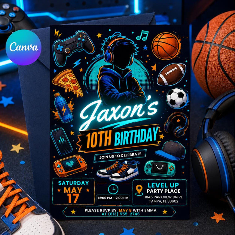 Blue Neon Teen Boy 10th Birthday Party Invitation