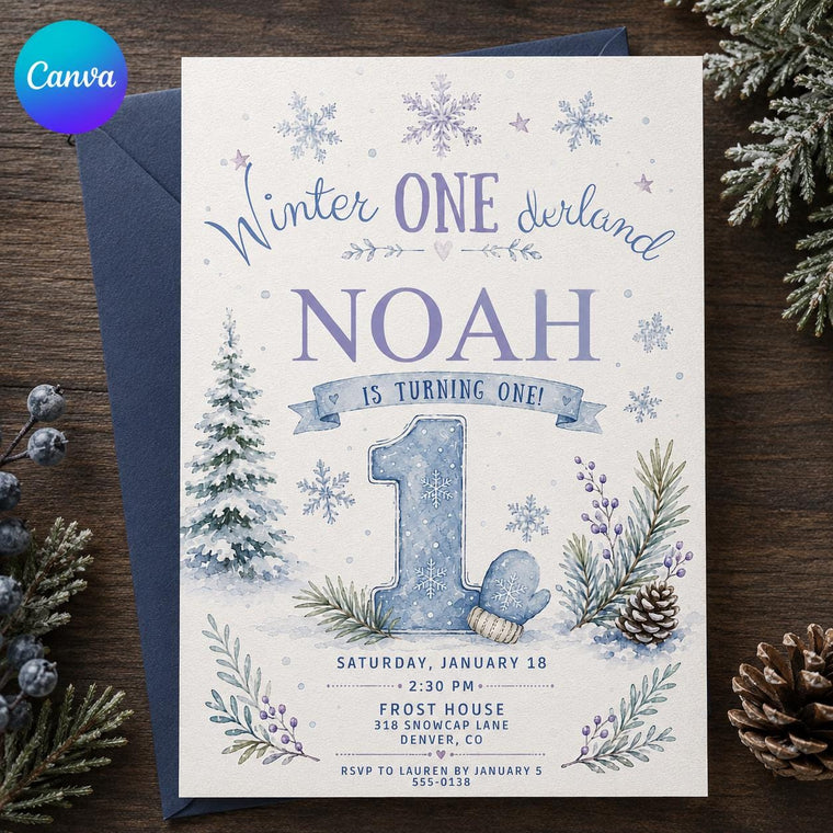 Blue Number One Winter Onederland Birthday Invitation