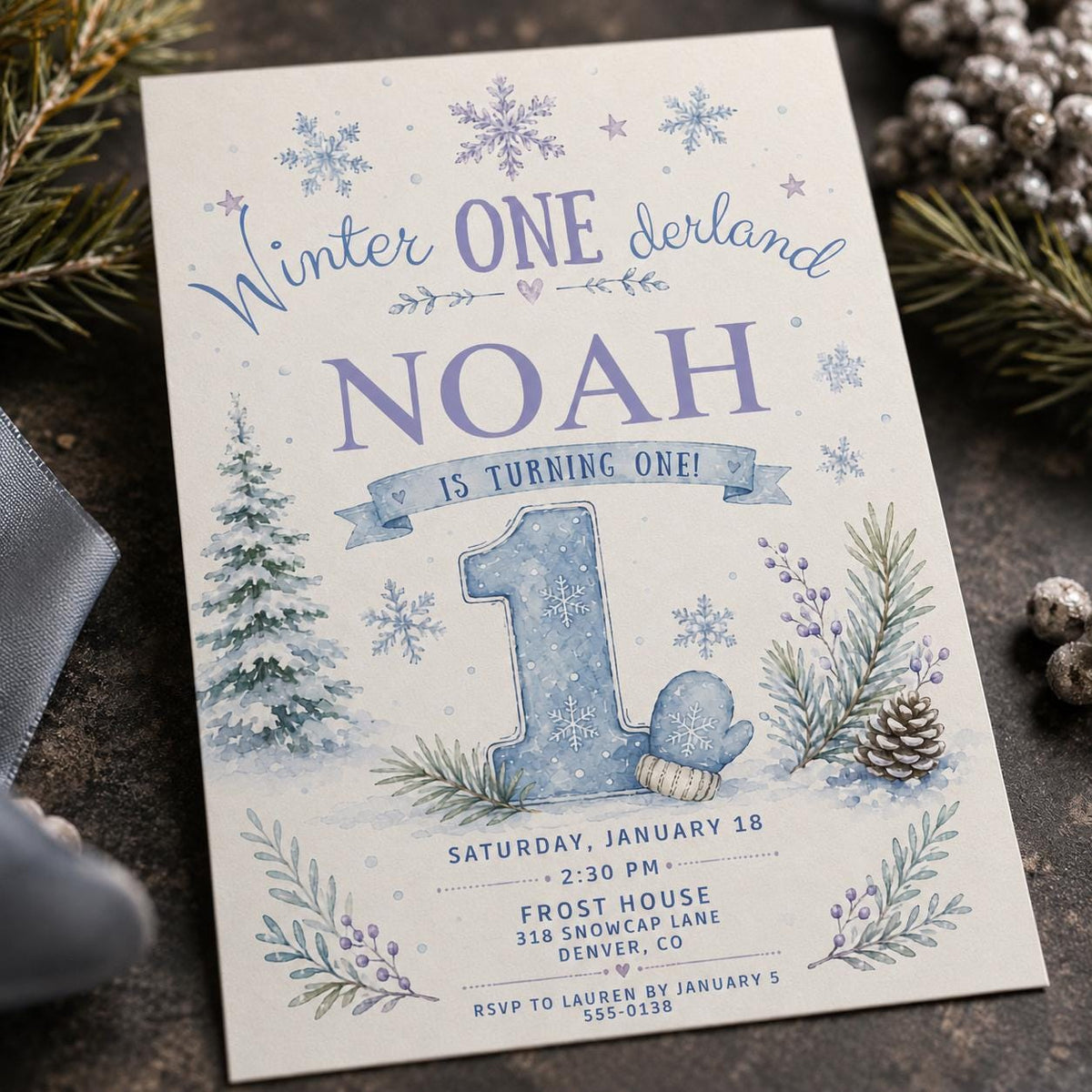 Blue Number One Winter Onederland Birthday Invitation — digital invitation, instant download