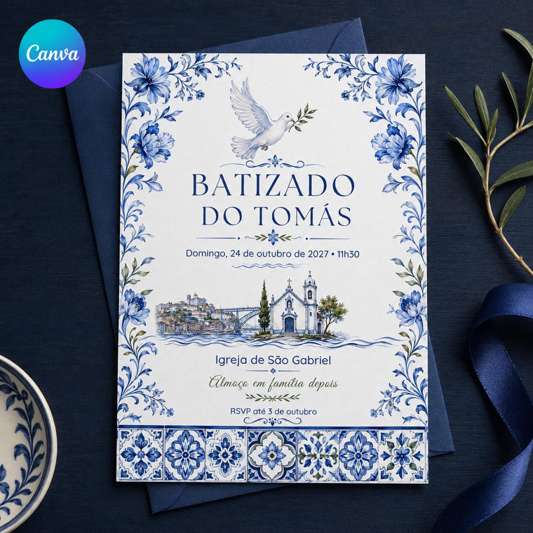 Blue Portuguese Baptism Invitation