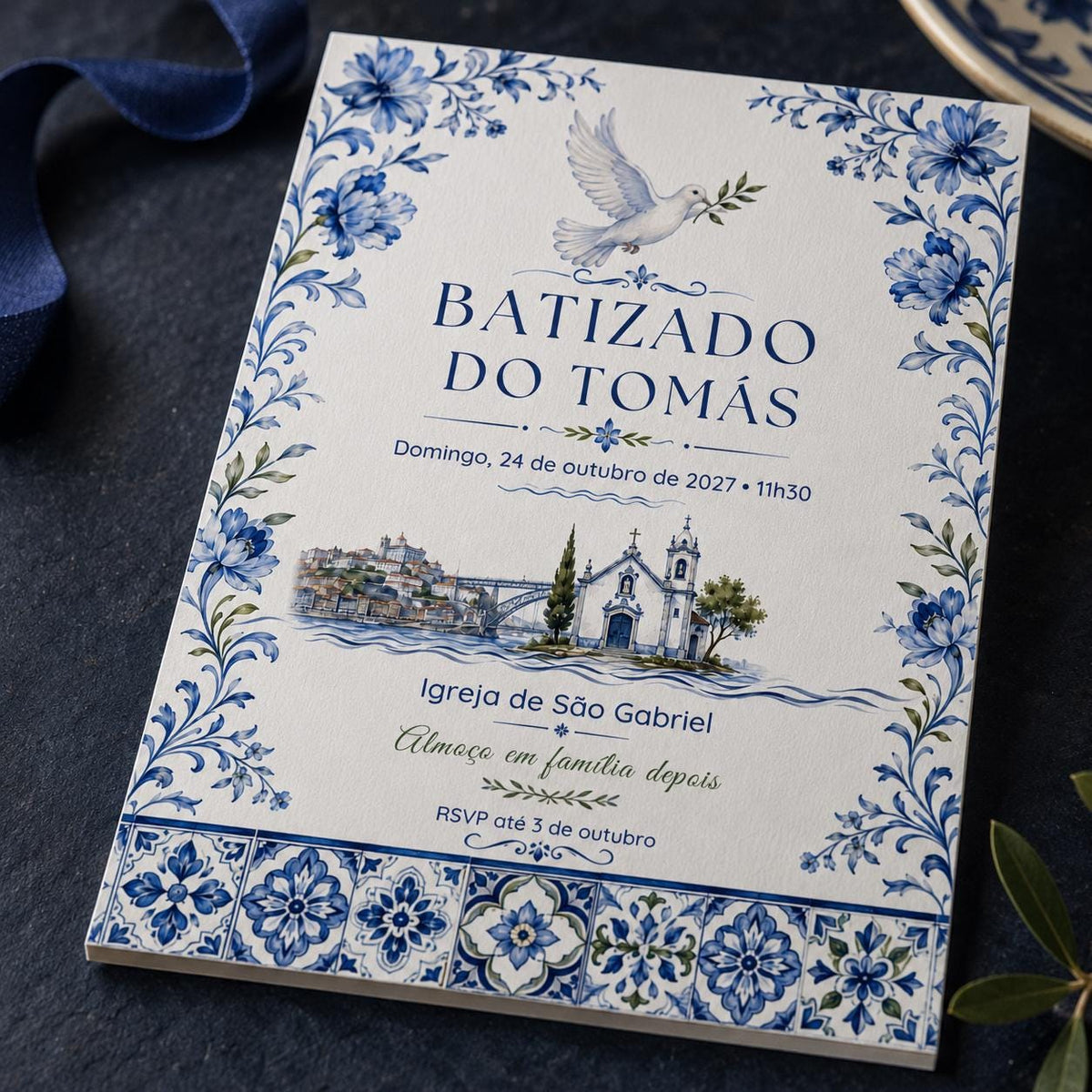 Blue Portuguese Baptism Invitation — digital invitation, instant download