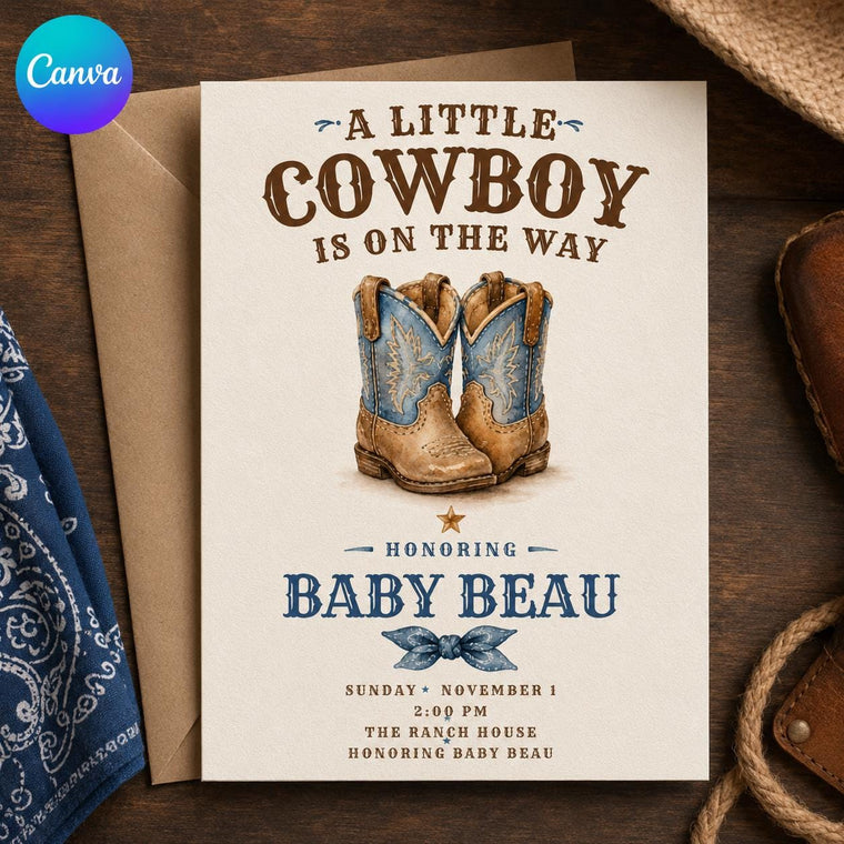 Blue Rustic Cowboy Baby Shower Invitation