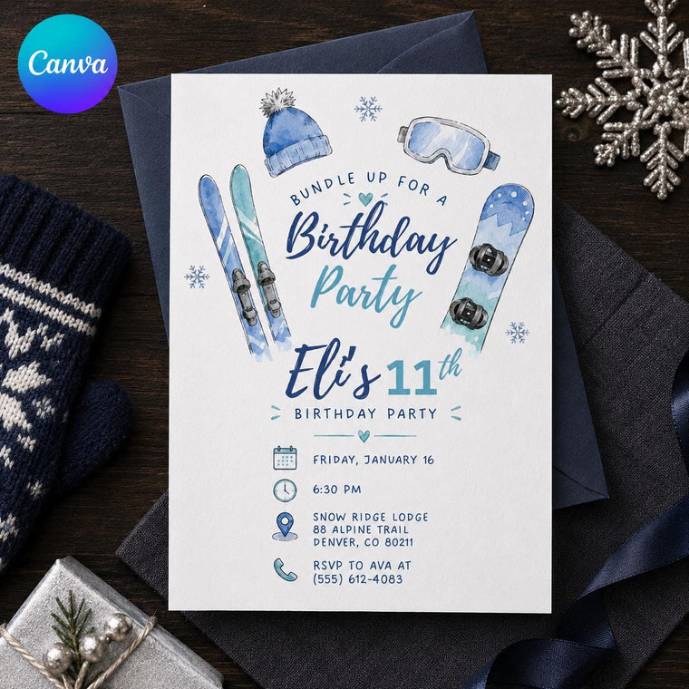 Blue Ski 11th Birthday Invitation for Boys