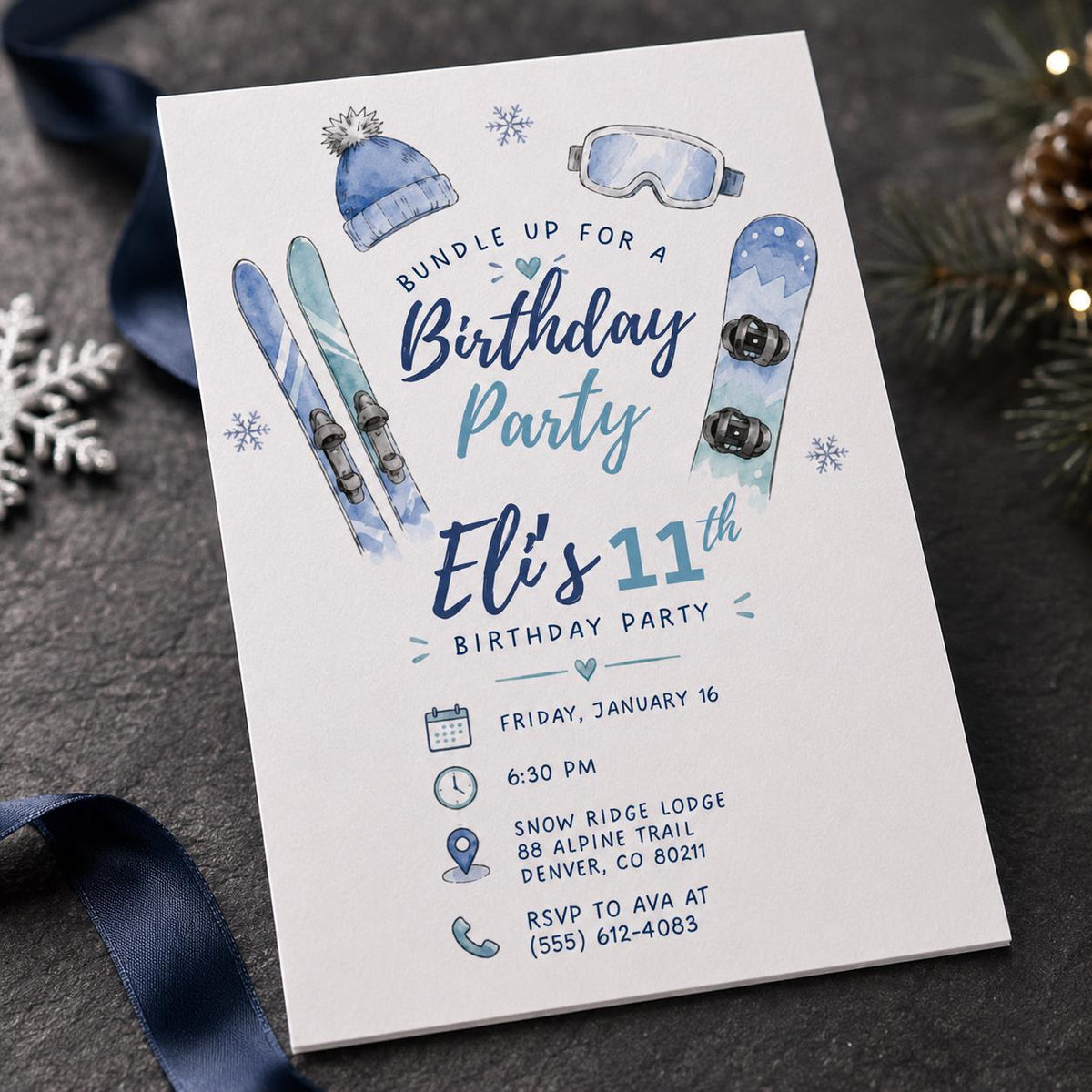 Blue Ski 11th Birthday Invitation for Boys — 11th birthday party stationery by VoltBy