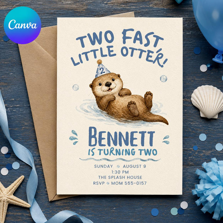 Blue Two Fast Little Otter 2nd Birthday Invitation for Boys