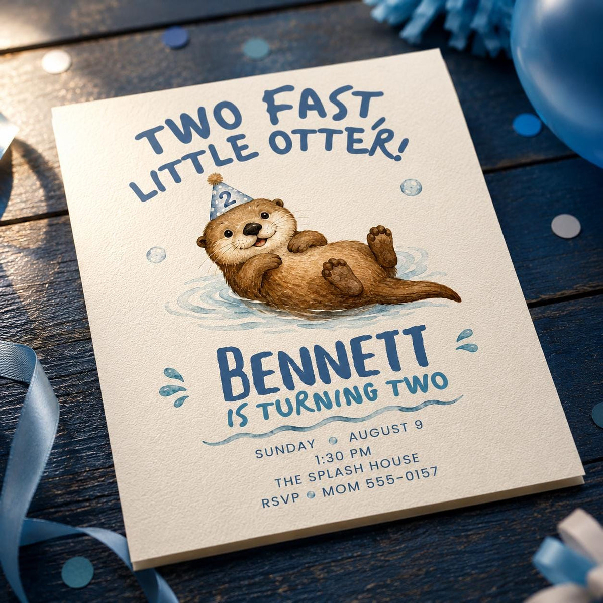 Blue Two Fast Little Otter 2nd Birthday Invitation for Boys — digital invitation, instant download