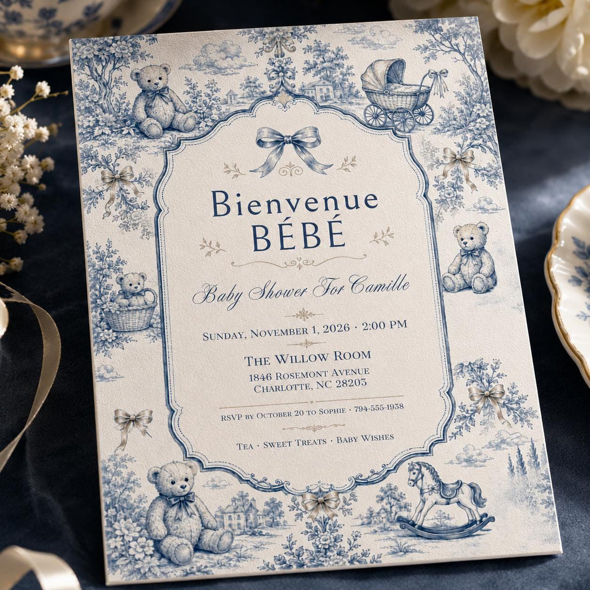 Blue Vintage French Baby Shower Invitation — print-ready baby shower design from VoltBy