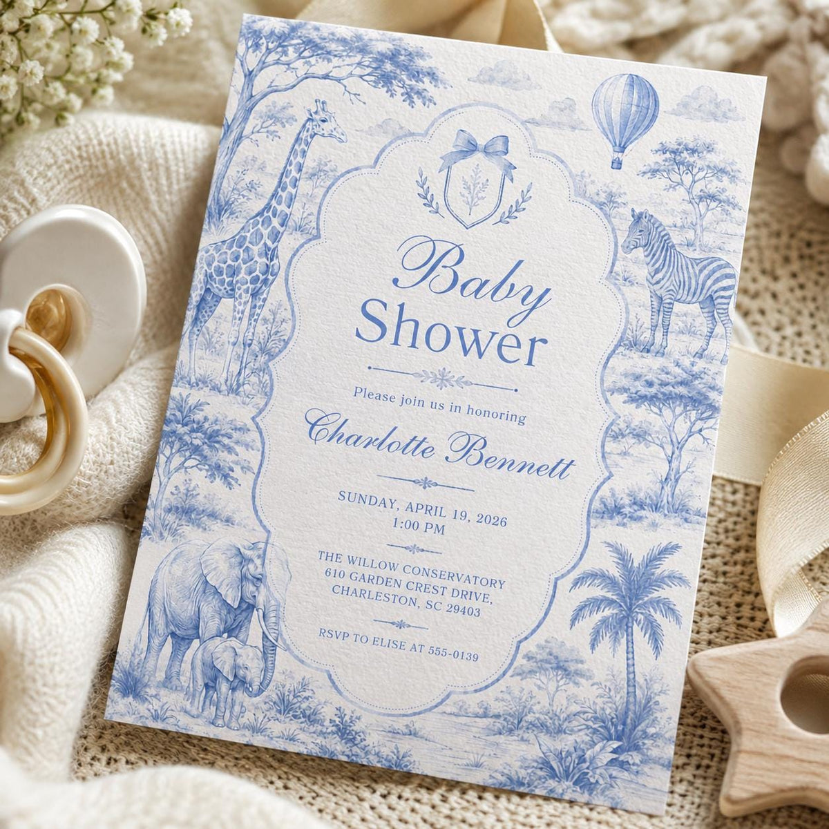 Blue Vintage Safari Baby Shower Invitation — design view 2