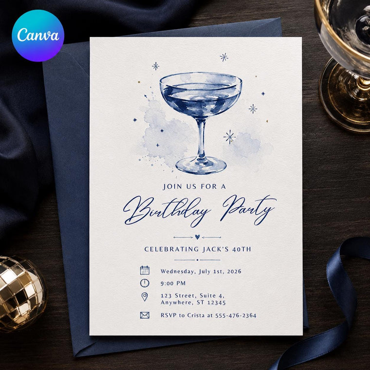 Blue Watercolor 40th Birthday Invitation: Blue Martini Cocktail Party