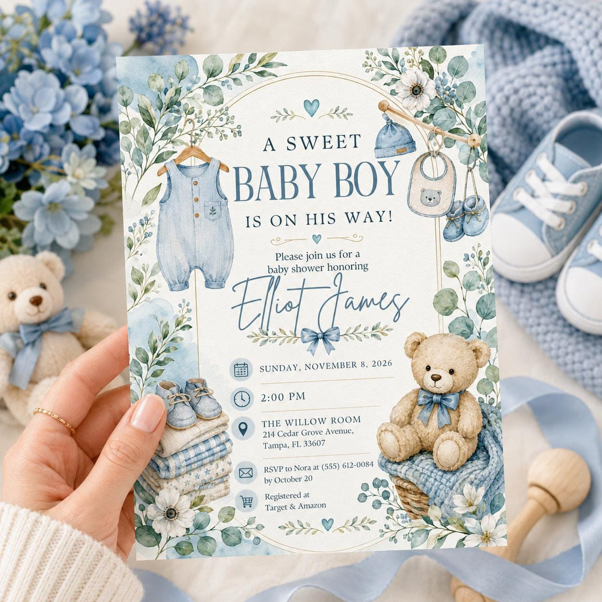 Blue Watercolor Baby Boy Shower Invitation: Blue Teddy Bear Greenery — baby shower stationery by VoltBy