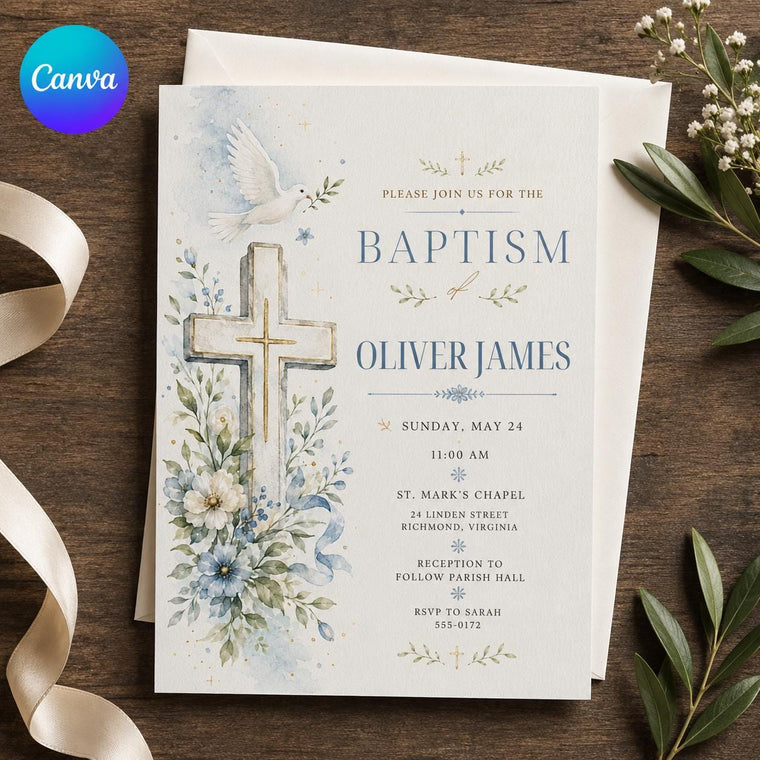 Blue Watercolor Baptism Invitation