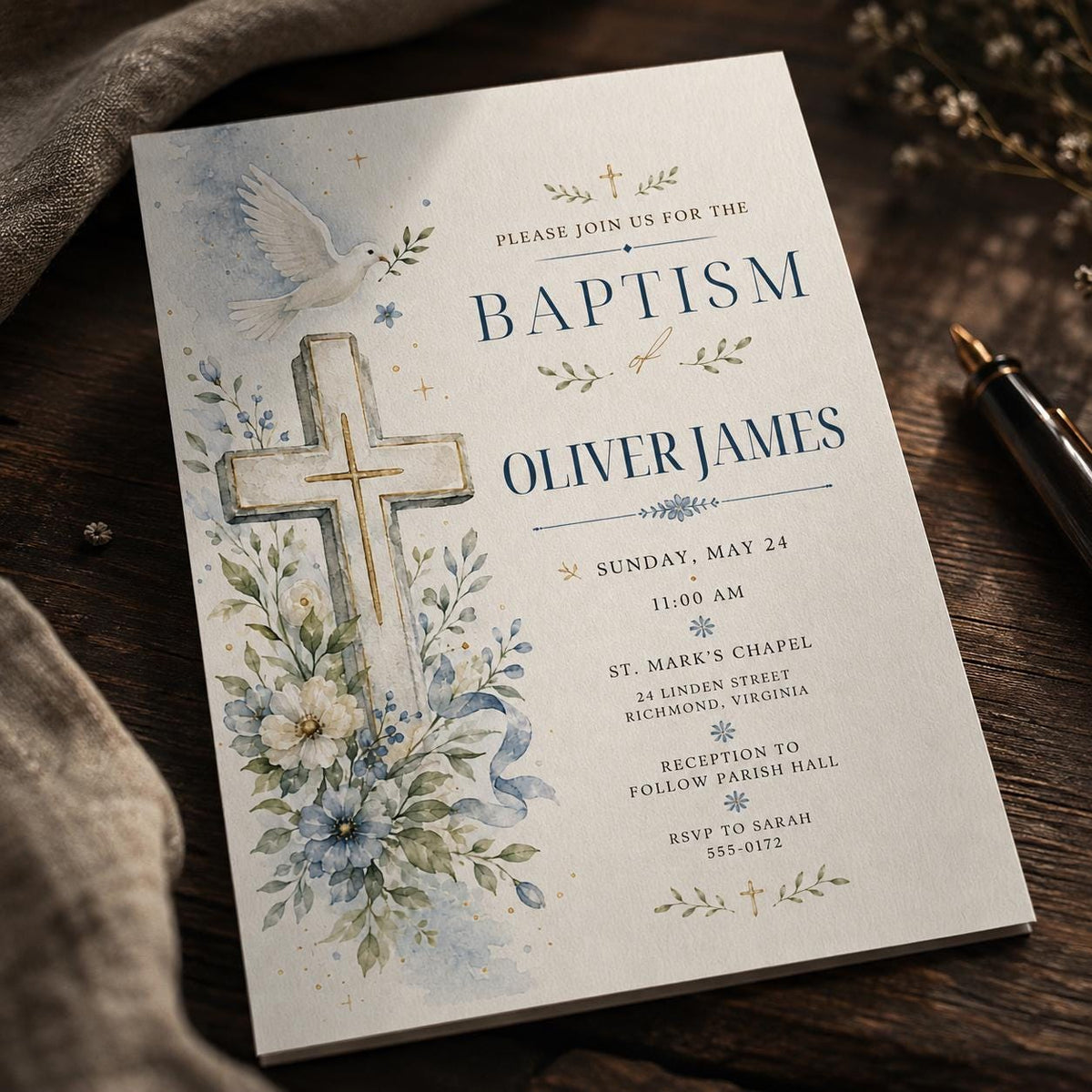 Blue Watercolor Baptism Invitation — digital invitation, instant download