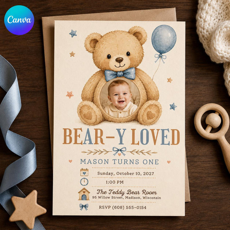Blue Watercolor Bear-y Loved First Birthday Invitation for Boys