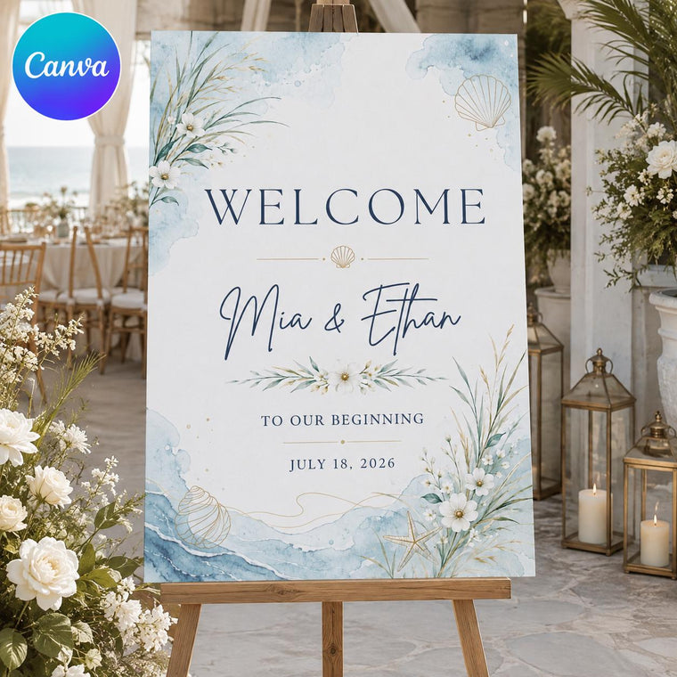 Blue Watercolor Coastal Wedding Welcome Sign