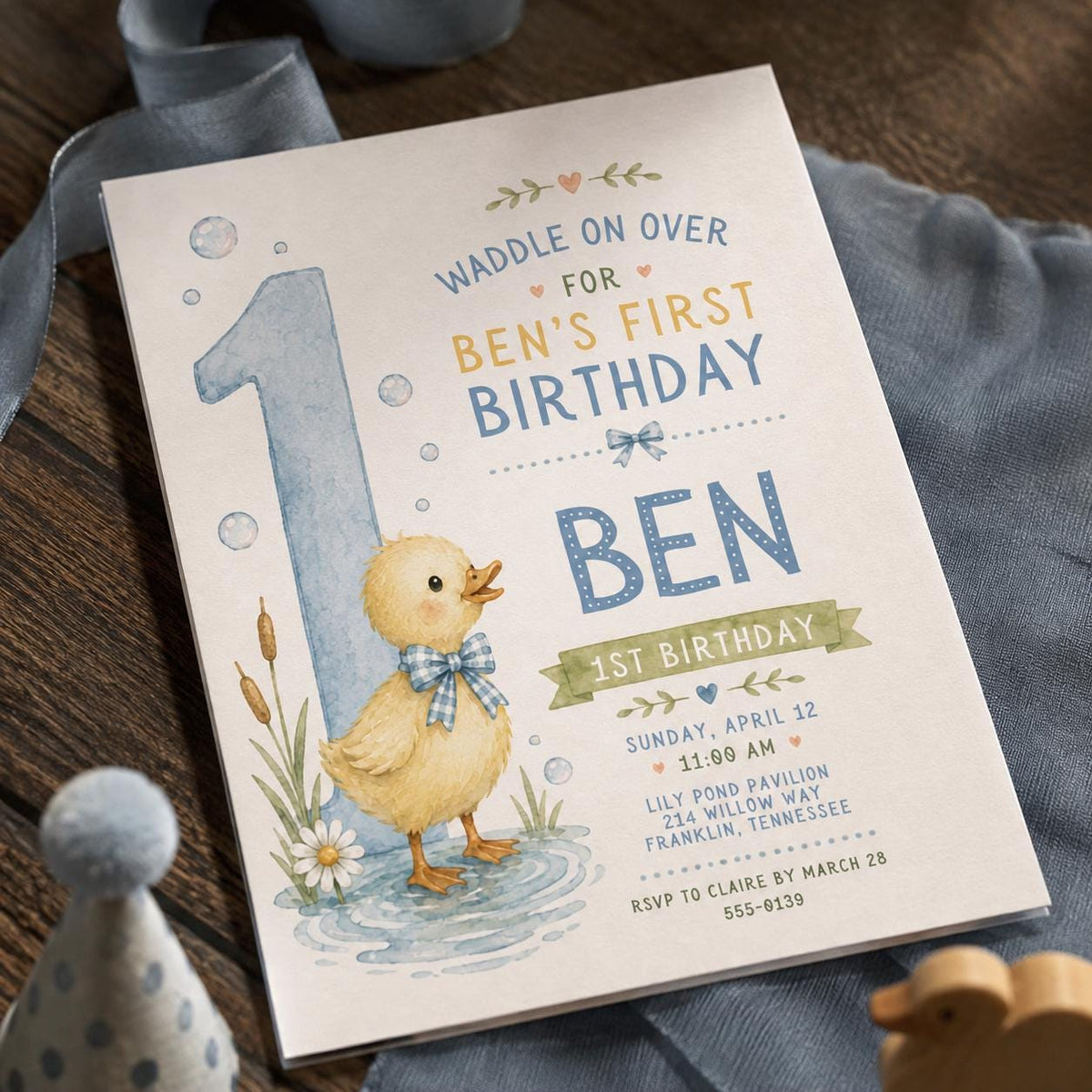 Blue Watercolor Duck First Birthday Invitation for Boys — first birthday stationery by VoltBy