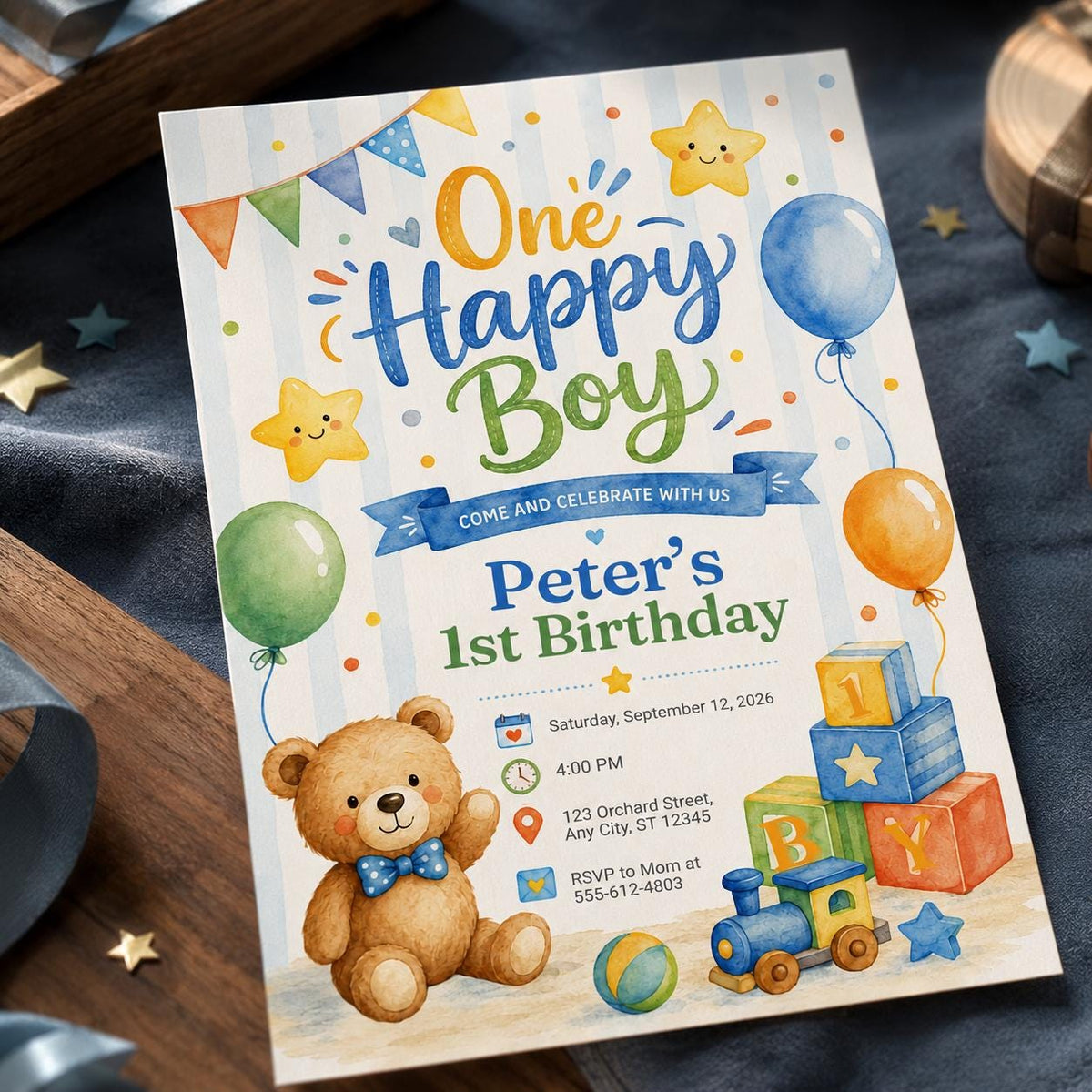 Blue Watercolor First Birthday Boy Invitation: One Happy Boy Watercolor Birthday — digital invitation, instant download
