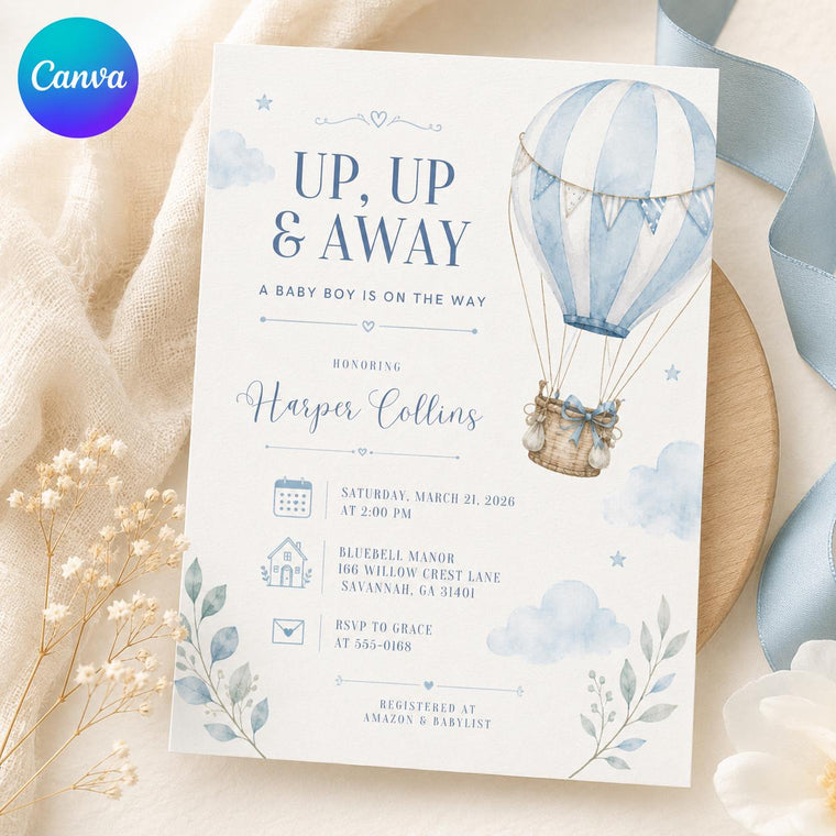 Blue Watercolor Hot Air Balloon Baby Boy Shower Invitation