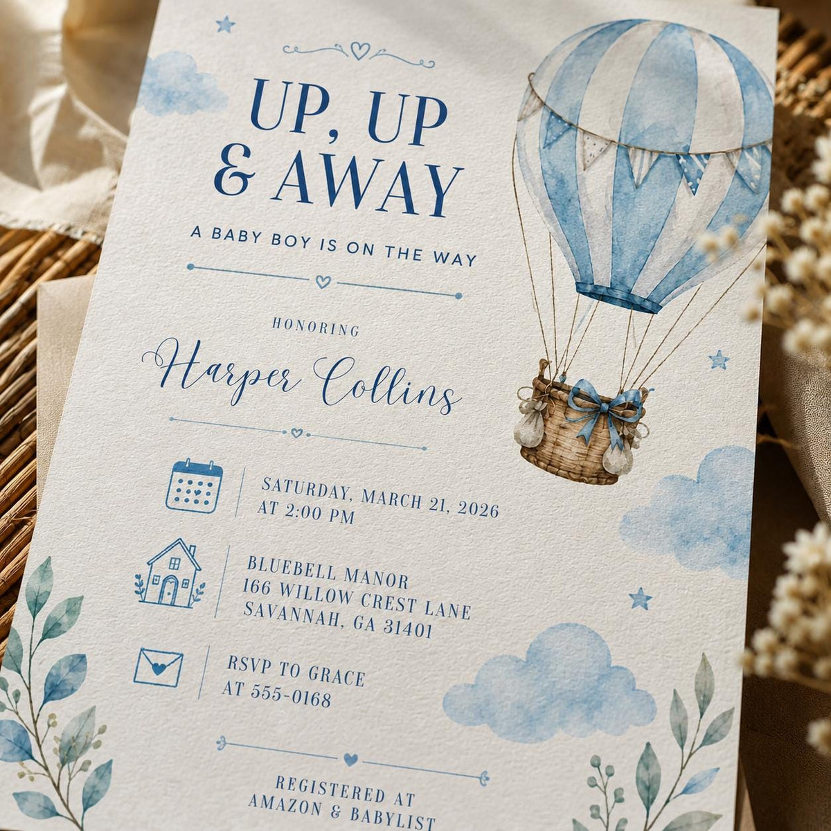 Blue Watercolor Hot Air Balloon Baby Boy Shower Invitation — baby shower stationery by VoltBy