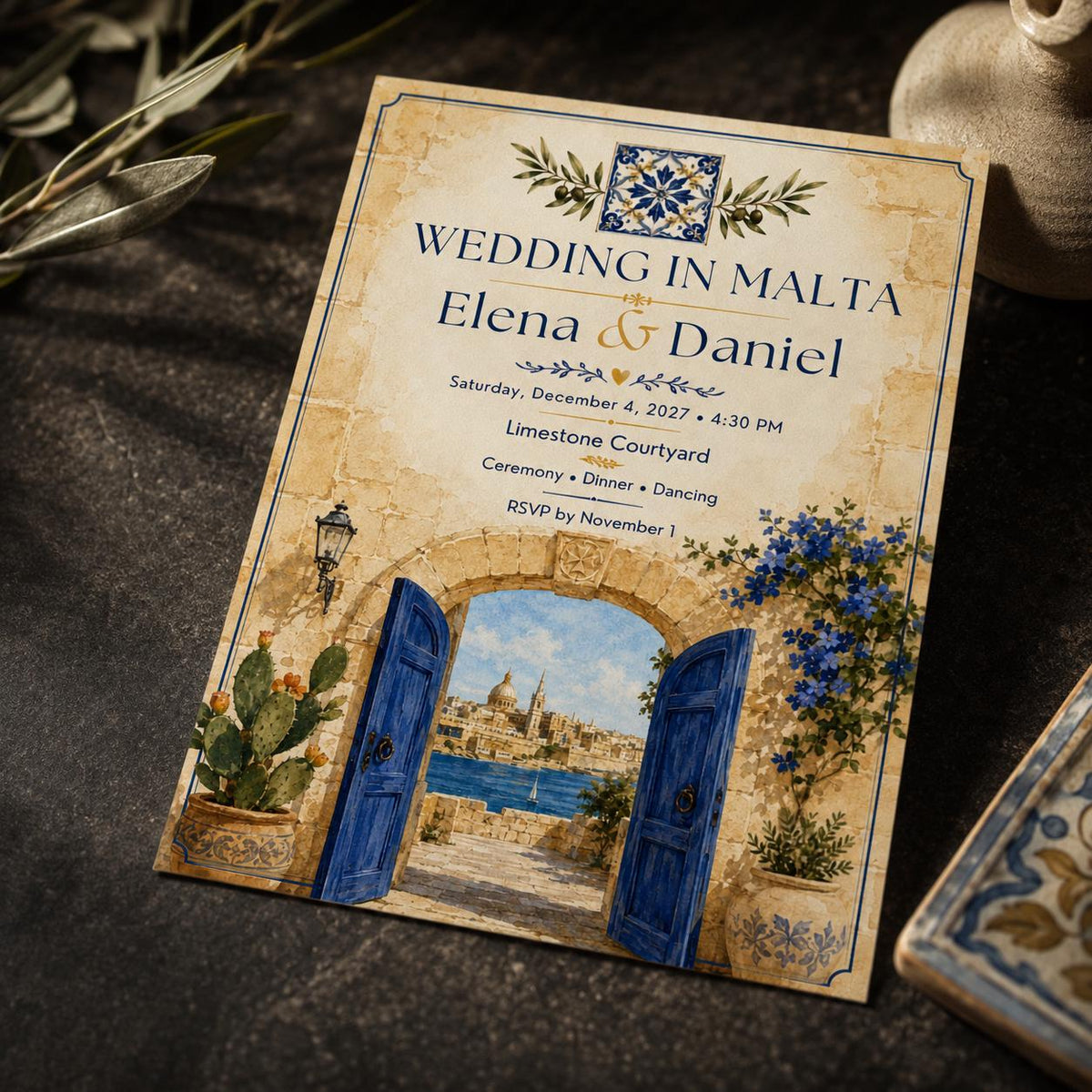 Blue Watercolor Malta Wedding Invitation — digital invitation, instant download