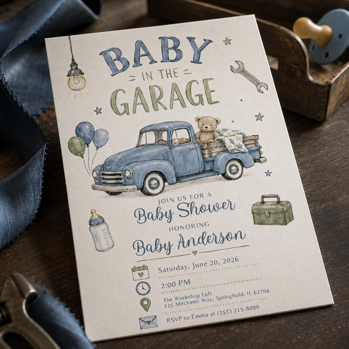 Blue Watercolor Mechanic Baby Shower Invitation — print-ready baby shower design from VoltBy