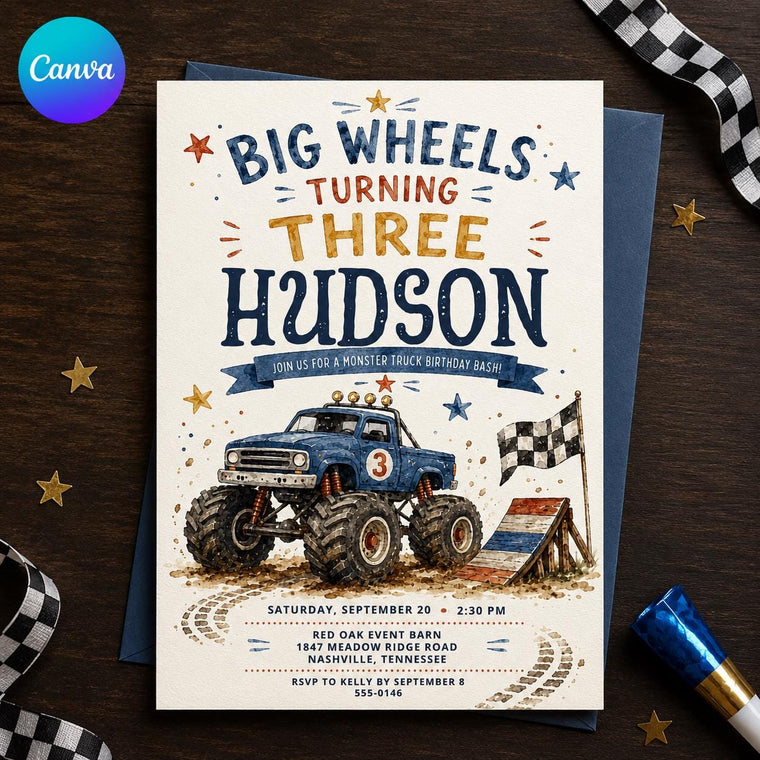 Blue Watercolor Monster Truck 3rd Birthday Invitation