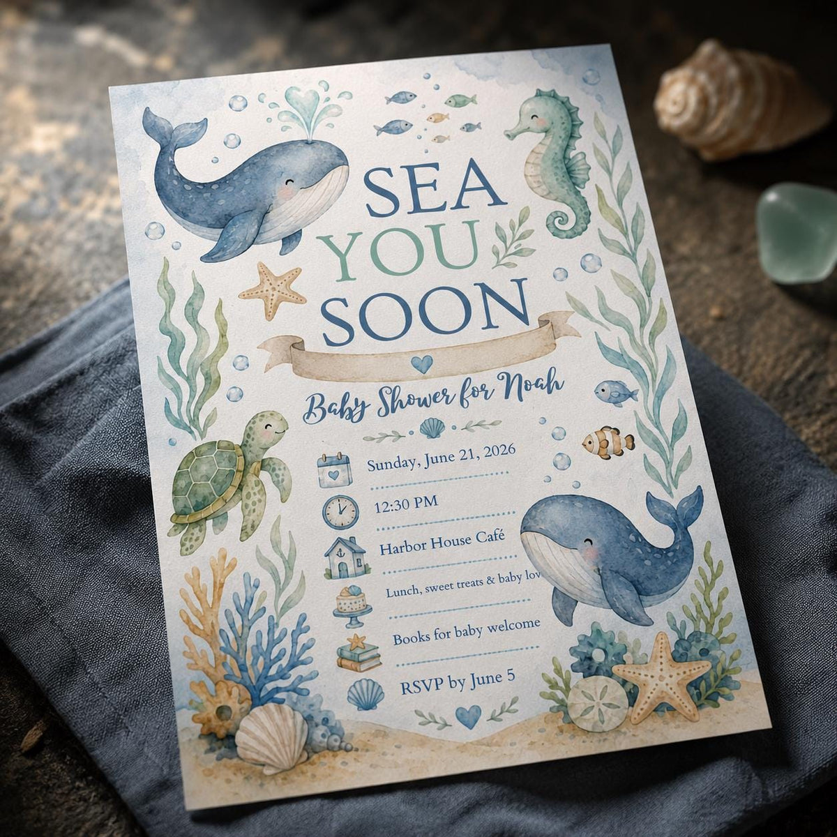 Blue Watercolor Sea You Soon Baby Shower Invitation for Boys — digital invitation, instant download