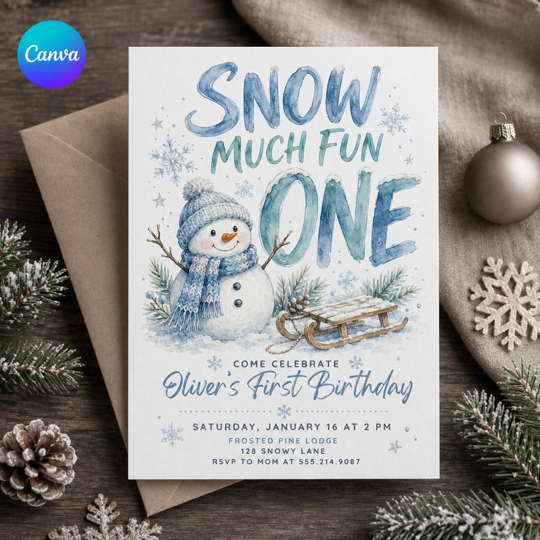 Blue Watercolor Snowy Ski Birthday One First Birthday Invitation