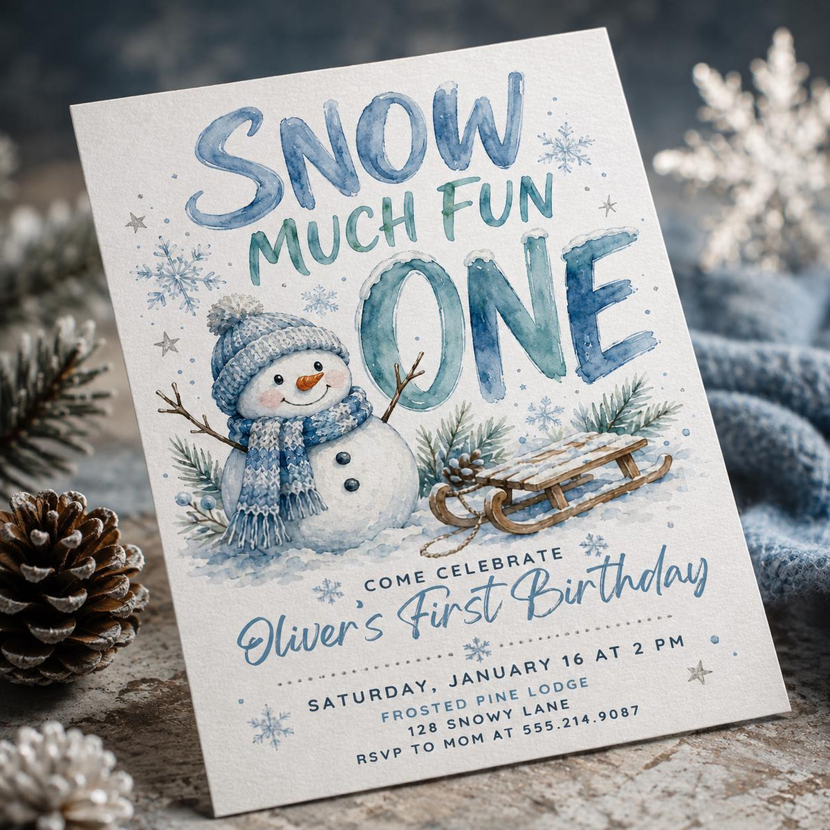 Blue Watercolor Snowy Ski Birthday One First Birthday Invitation — digital invitation, instant download