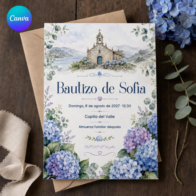 Blue Watercolor Spanish Baptism Invitation