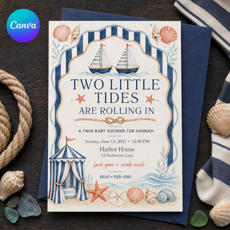 Blue Watercolor Twin Baby Shower Invitation