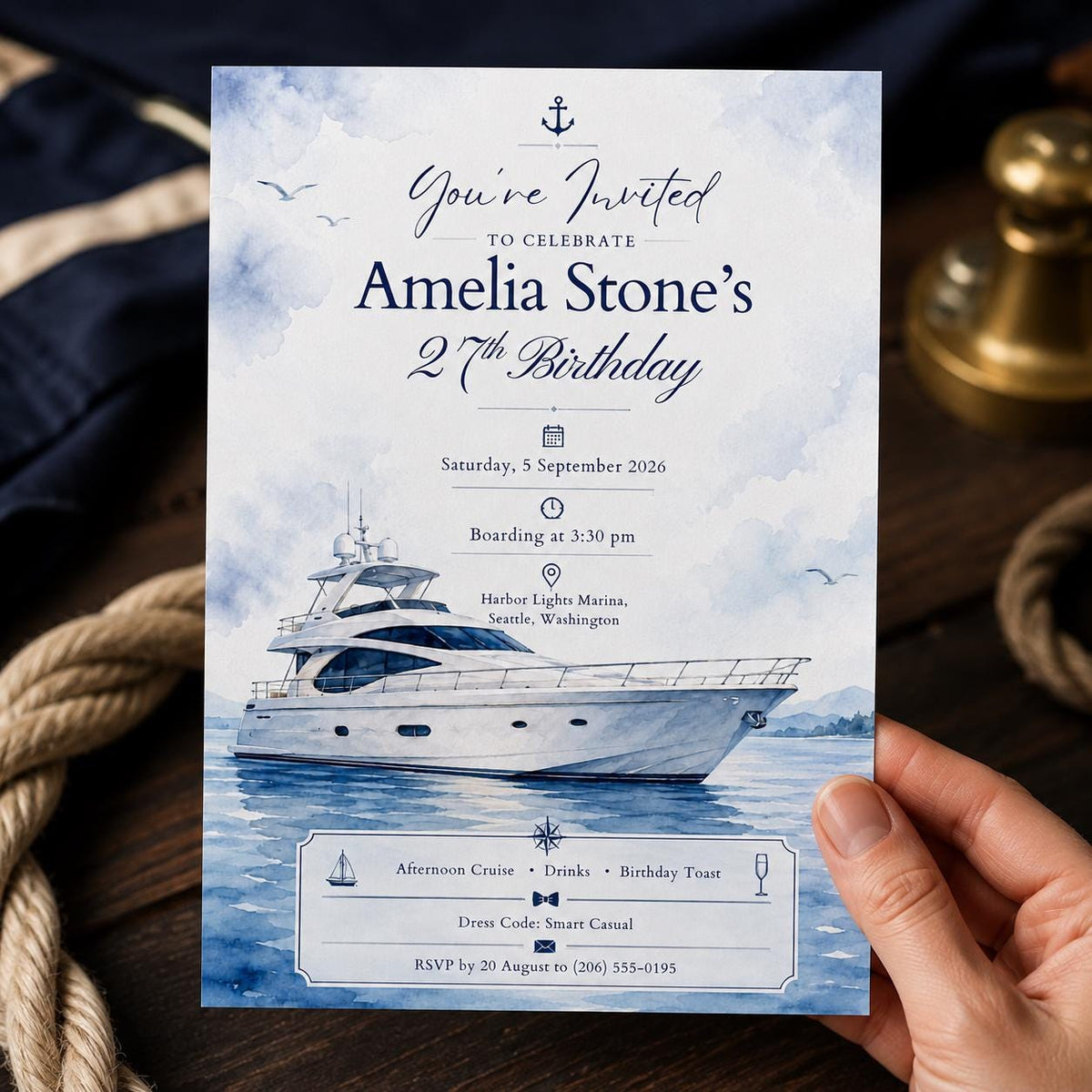 Blue Watercolor Yacht 27th Birthday Invitation — digital invitation, instant download