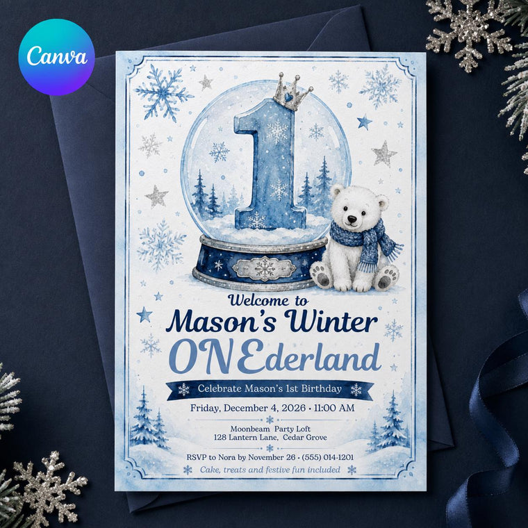 Blue Winter ONEderland 1st Birthday Invitation for Boys