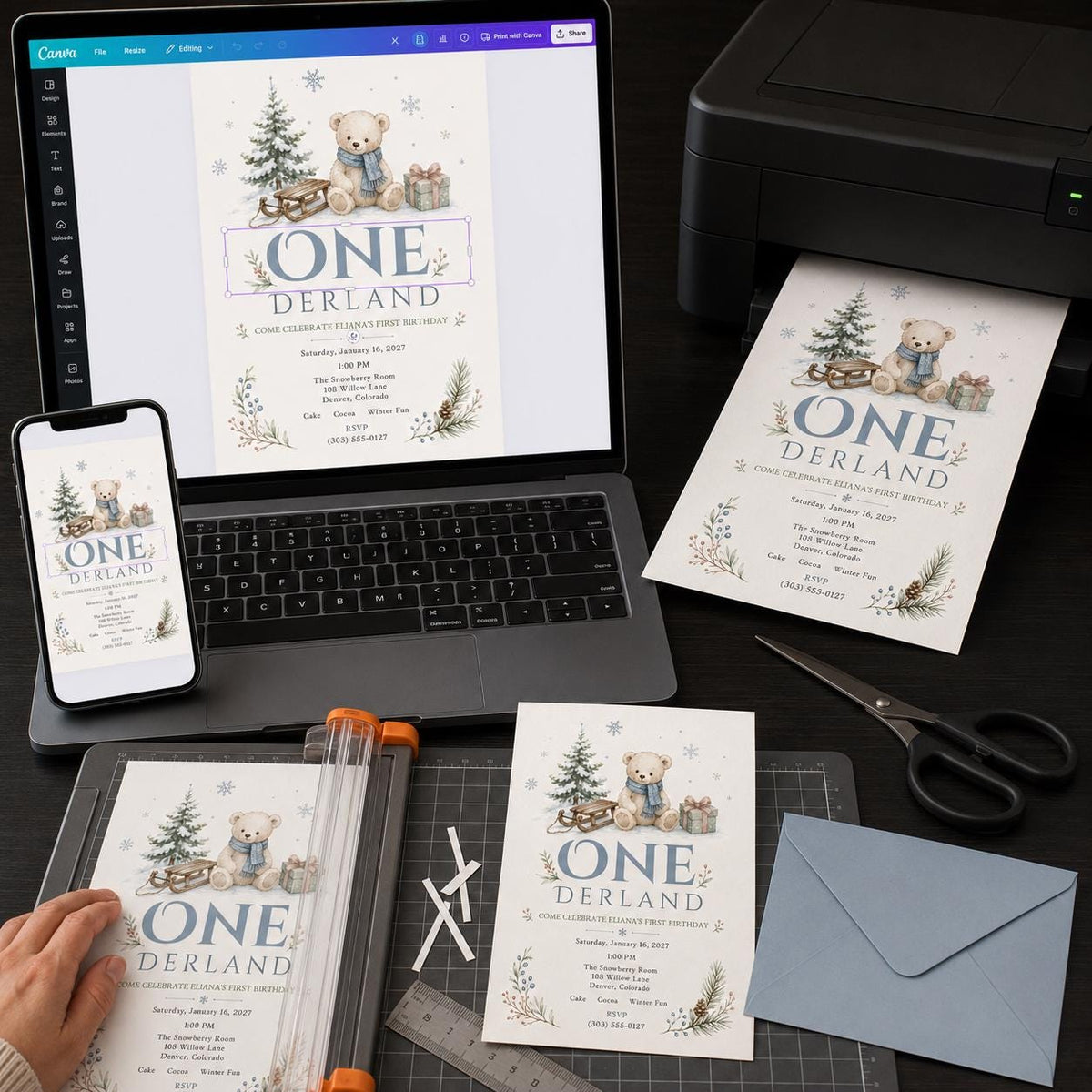 Blue Winter Onederland First Birthday Invitation — digital invitation, instant download