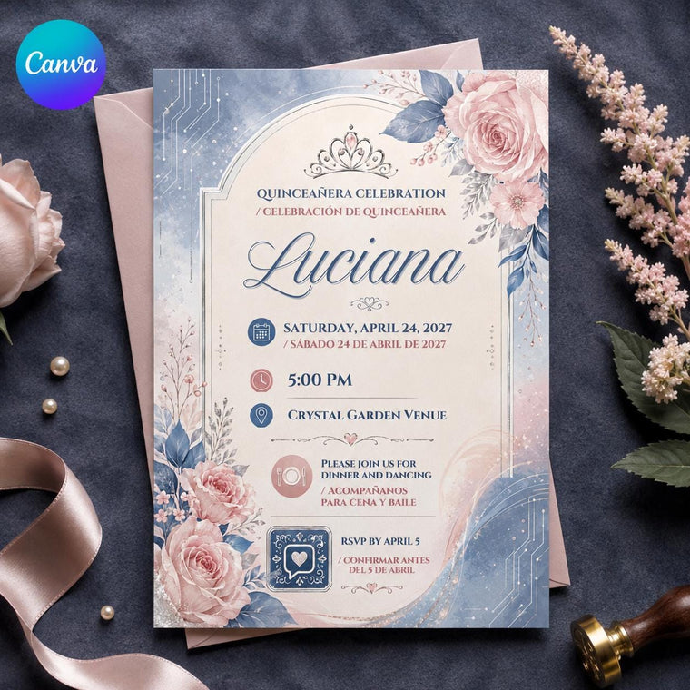 Blush Pink and Blue Bilingual Quinceanera Invitation