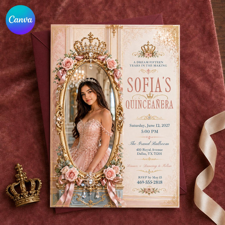 Blush Pink and Gold Quinceanera Invitation