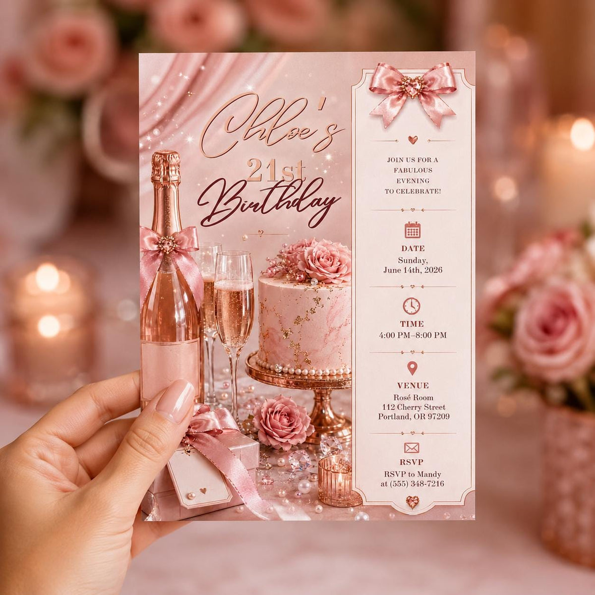 Blush Pink and Rose Gold 21st Birthday Invitation — print-ready 21st birthday party design from VoltBy