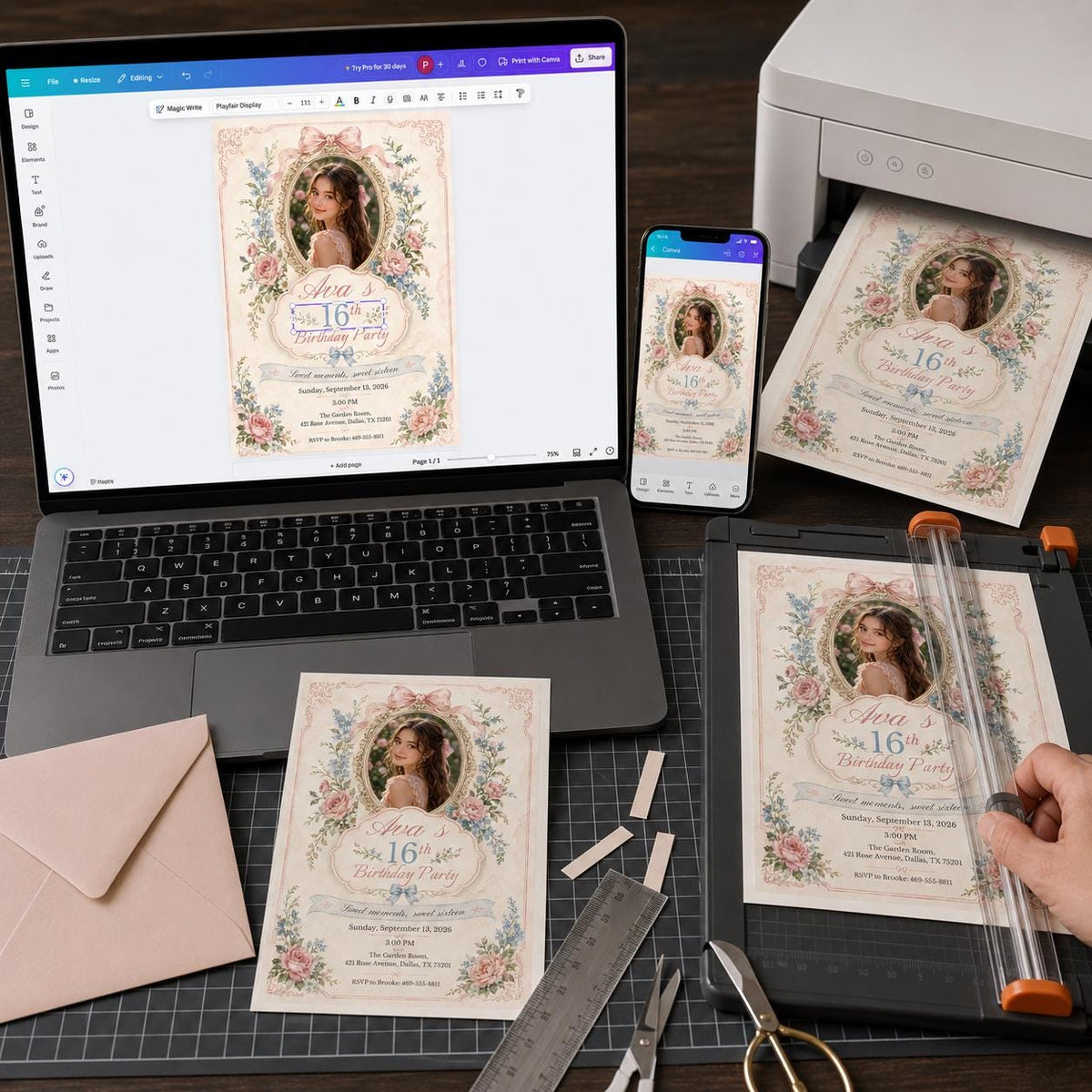 Blush Pink Coquette Sweet 16 Photo Invitation — digital invitation, instant download