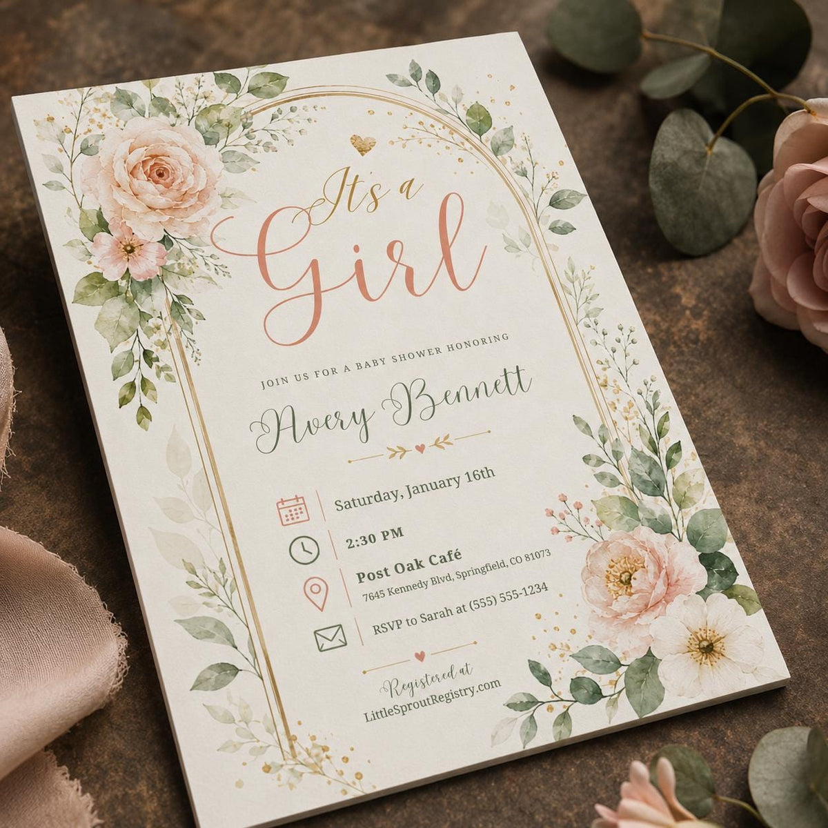 Blush Pink Elegant Baby Girl Shower Invitation — digital invitation, instant download