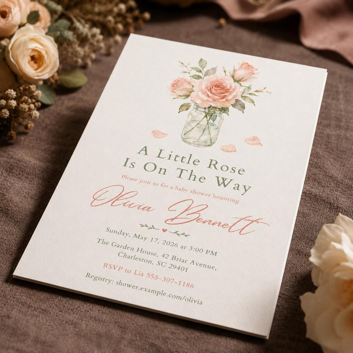Blush Pink Elegant Little Rose Baby Shower Invitation for Girls — digital invitation, instant download
