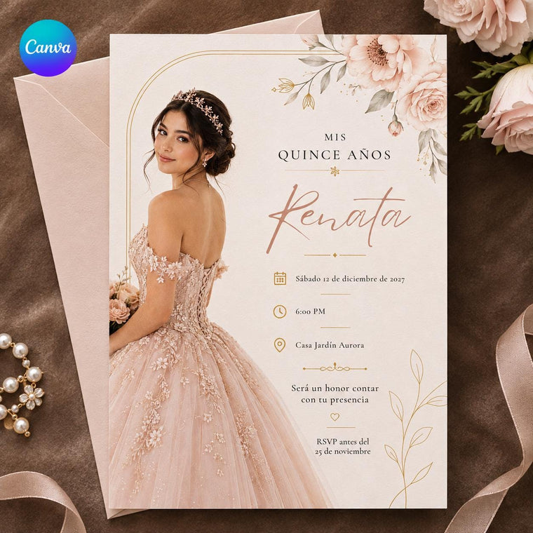 Blush Pink Elegant Photo Quinceañera Invitation