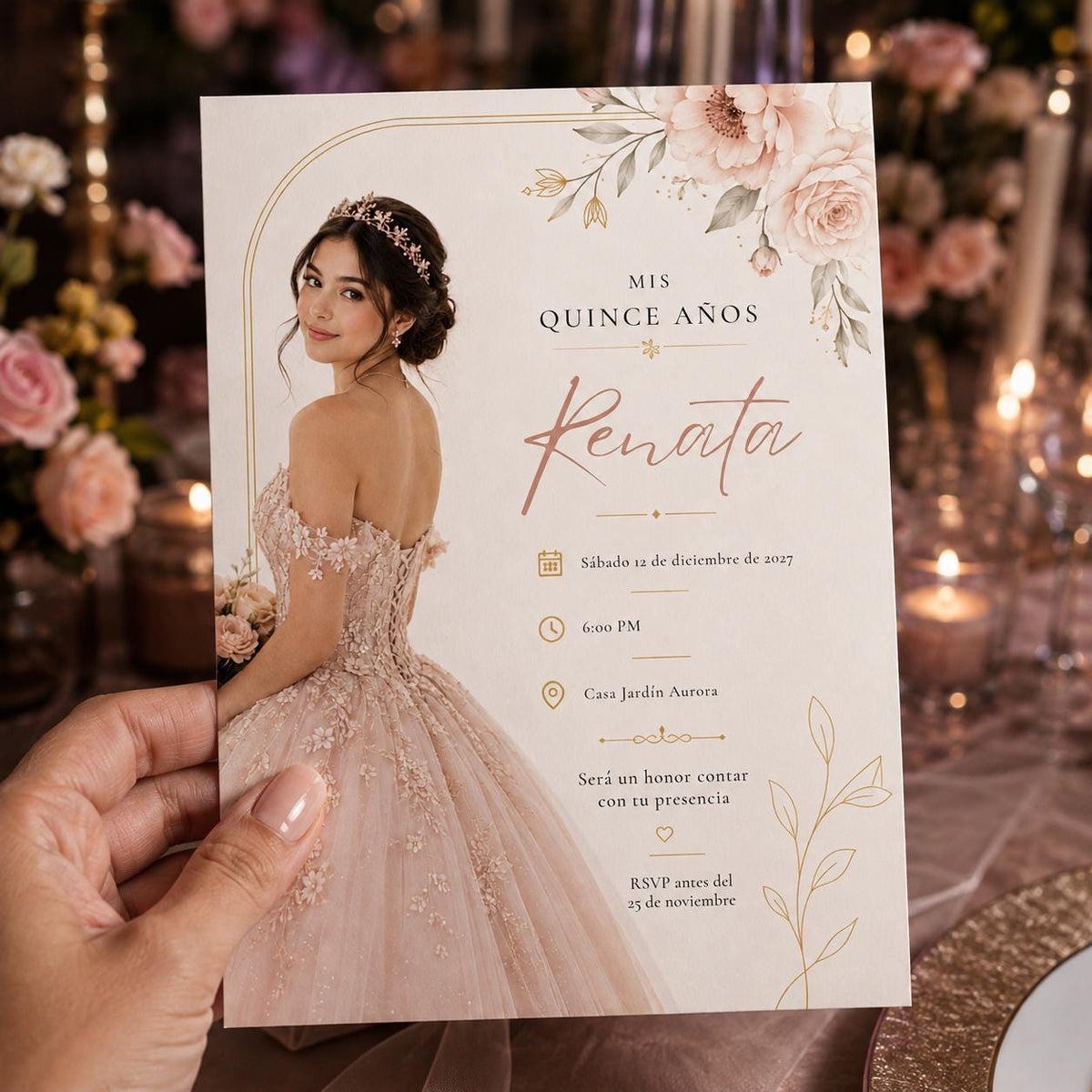 Blush Pink Elegant Photo Quinceañera Invitation — digital invitation, instant download
