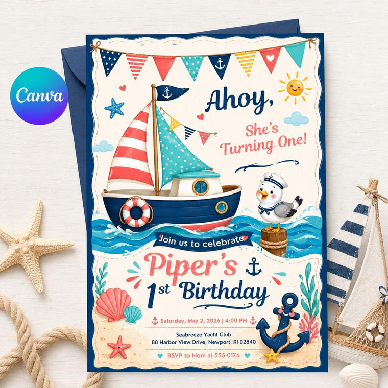 Boat Nautical First Birthday Invitation for Girls