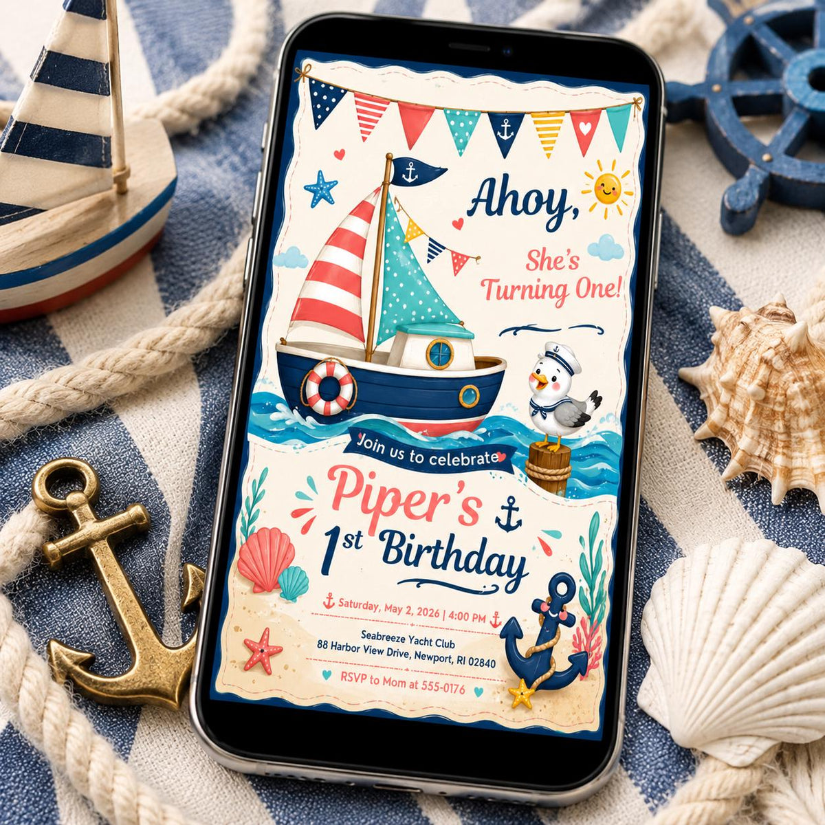 Boat Nautical First Birthday Invitation for Girls — digital invitation, instant download