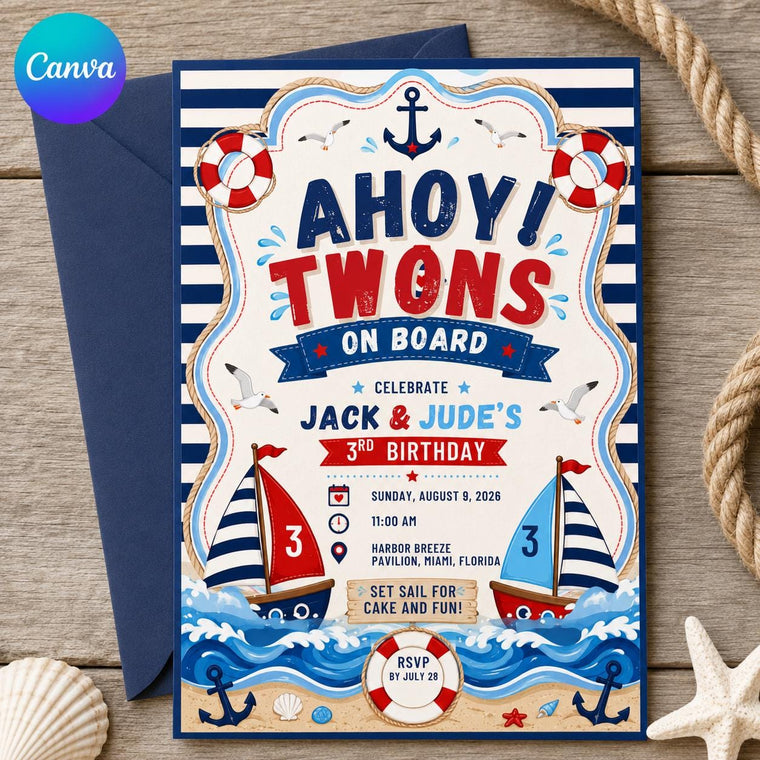 Boat Nautical Twin 3rd Birthday Invitation