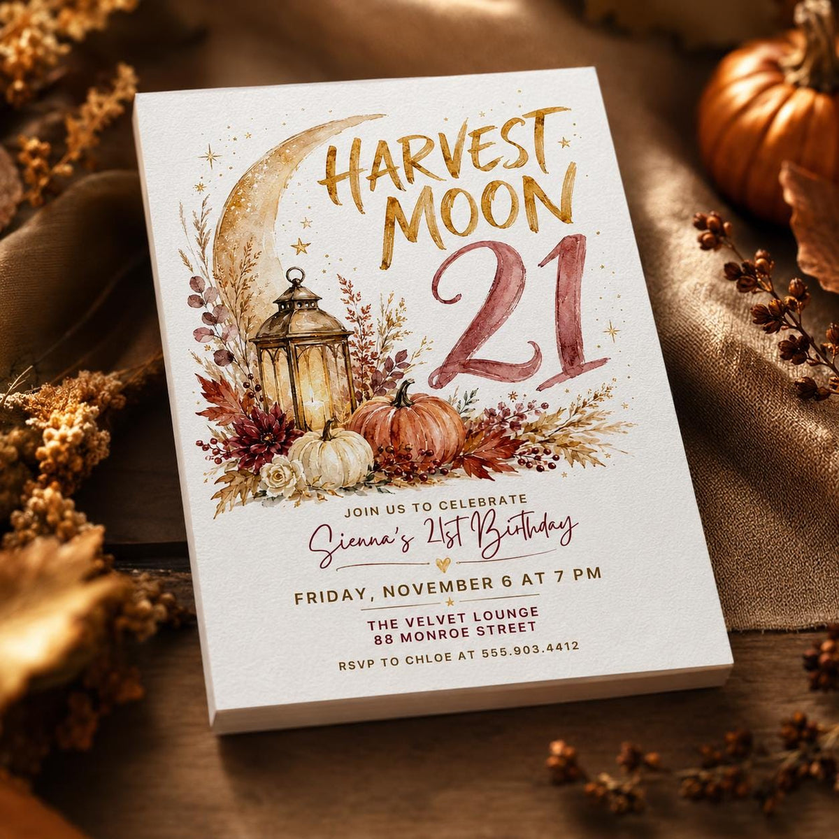 Boho Celestial Harvest Moon 21st Birthday Invitation — 21st birthday party stationery by VoltBy