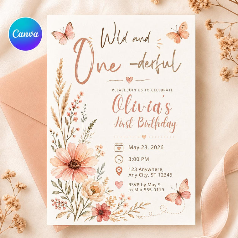 Boho Floral Wild One First Birthday Invitation for Girls