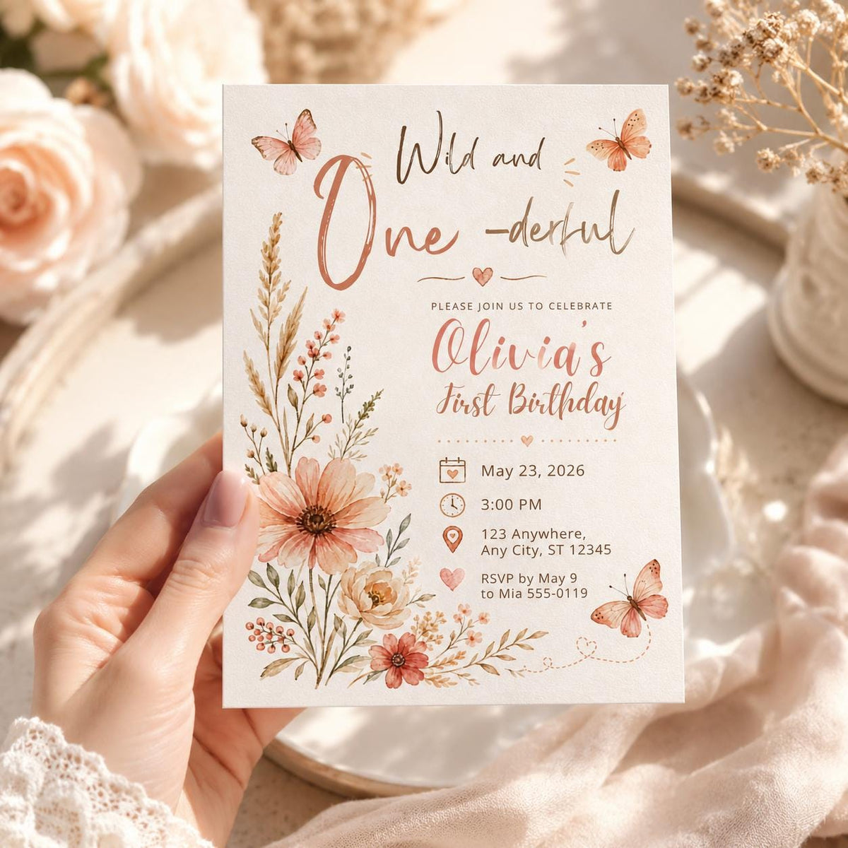 Boho Floral Wild One First Birthday Invitation for Girls — digital invitation, instant download