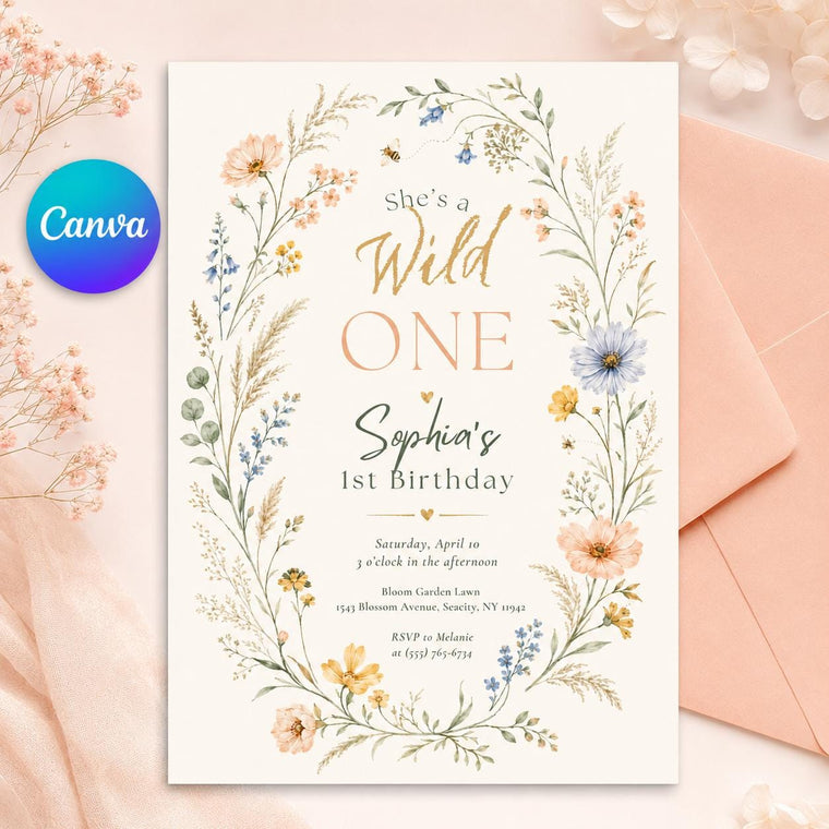 Boho Floral Wildflower 1st Birthday Invitation for Girls